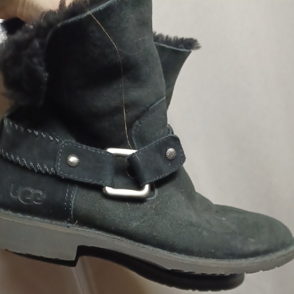 UGG Black Suede Boots with Fur Trim